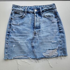 H&M &Denim Skirt Women's Button Fly Cut Off Frayed High Rise Blue Raw Cotton 4